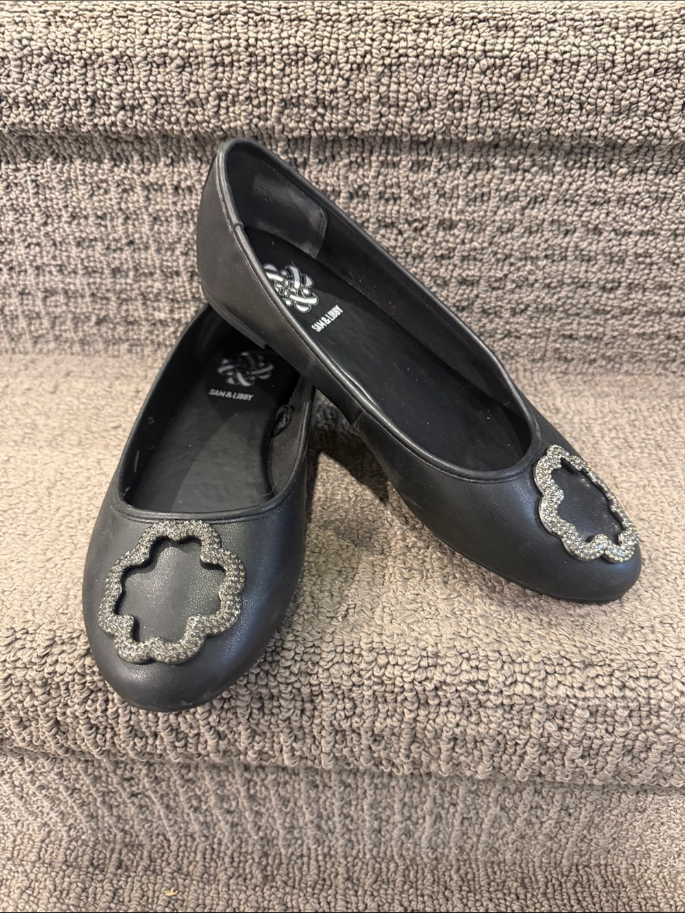 Sam & Libby Black Ballet Flats with Jeweled Quatrefoil Accent